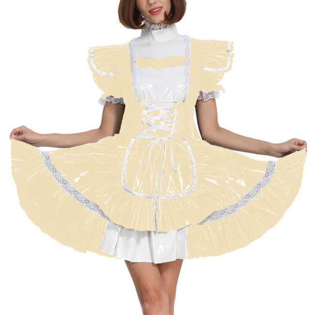 Sissy Glossy Lolita Dress Short Puff Sleeve French Miad A-Line Dress PVC Leather Men Maid Cosplay Costume Patent Leather Uniform