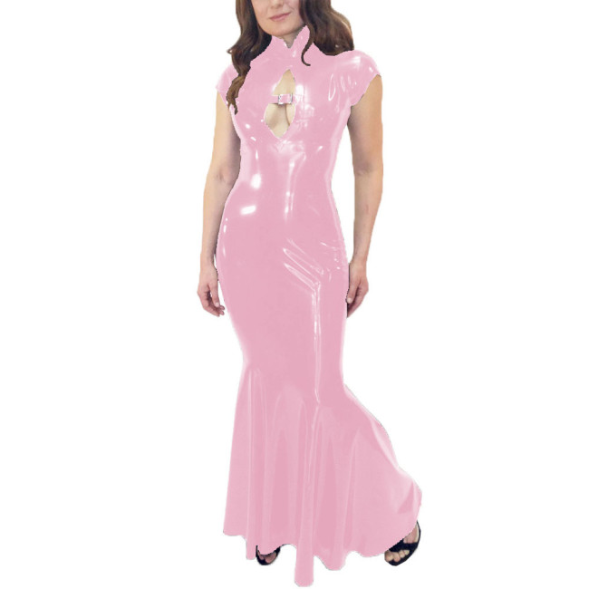 Wetlook Mermaid Dress Women Elegant Glossy PVC Leather Maxi Dress Party Sexy Stretch PU Slim Dresses Front Hollow Out Long Dress