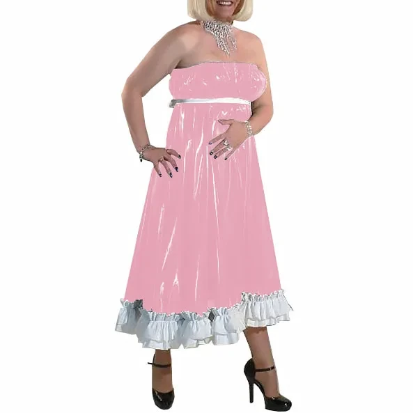 Women Long Party Evening Dresses PVC Leather Starpless Elegance Ankle-length Dress Female High Waist Ruffled Dresses Night Party