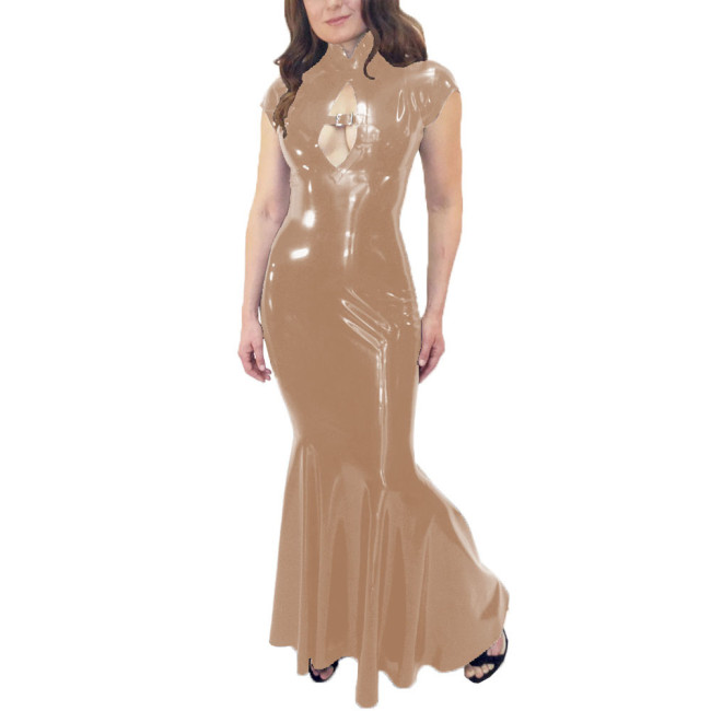 Wetlook Mermaid Dress Women Elegant Glossy PVC Leather Maxi Dress Party Sexy Stretch PU Slim Dresses Front Hollow Out Long Dress