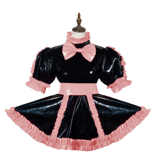 Sissy Elagant Lolita Mini Dress Lockable Wetlook PVC Bow Pleated Dress Halloween Cosplay Costume Short Puff Sleeve Dress Outfits