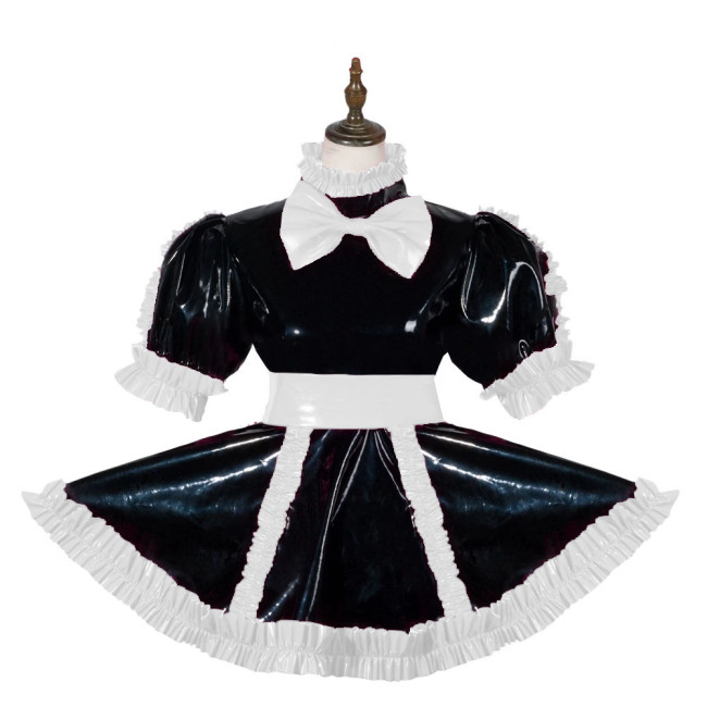 Sissy Elagant Lolita Mini Dress Lockable Wetlook PVC Bow Pleated Dress Halloween Cosplay Costume Short Puff Sleeve Dress Outfits