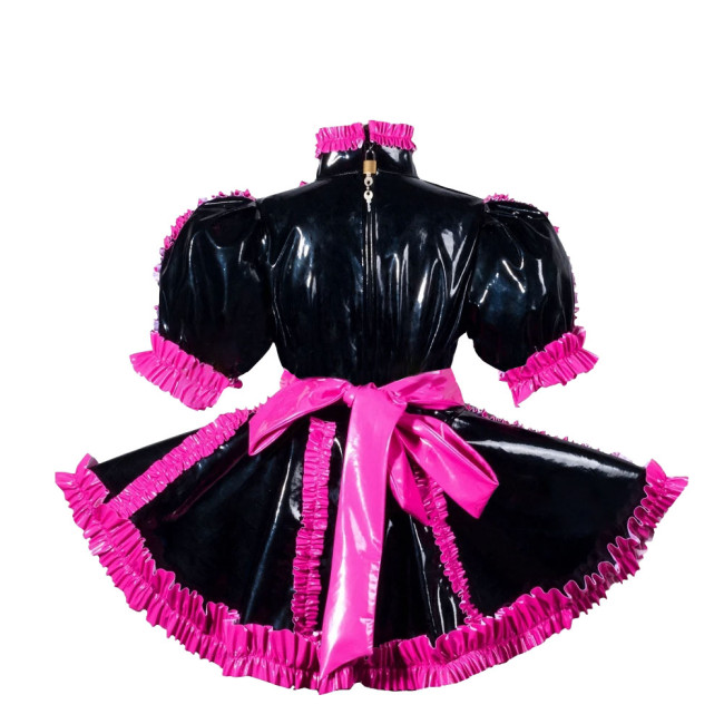 Sissy Elagant Lolita Mini Dress Lockable Wetlook PVC Bow Pleated Dress Halloween Cosplay Costume Short Puff Sleeve Dress Outfits