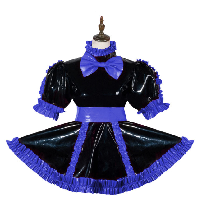Sissy Elagant Lolita Mini Dress Lockable Wetlook PVC Bow Pleated Dress Halloween Cosplay Costume Short Puff Sleeve Dress Outfits