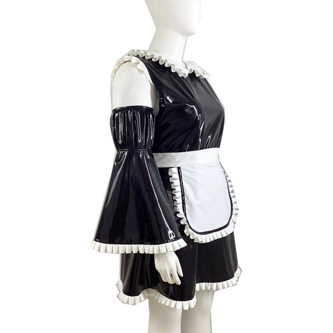 Anime Role-playing Maid Outfit Lolita Peter Pan Collar Wet PVC Leather Dress with Apron Flare Sleeve Sets Sissy Cosplay Dresses