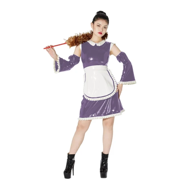 Anime Role-playing Maid Outfit Lolita Peter Pan Collar Wet PVC Leather Dress with Apron Flare Sleeve Sets Sissy Cosplay Dresses