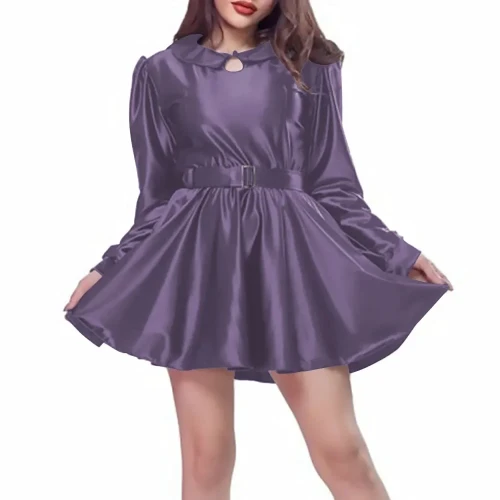 Elegant Ladies Party Evening Dress Summer Satin Silk Long Sleeve Mini Dress Womens Casual High Street A Line Dresses with Belted