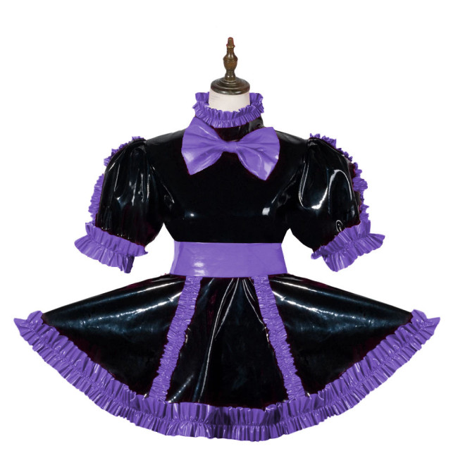 Sissy Elagant Lolita Mini Dress Lockable Wetlook PVC Bow Pleated Dress Halloween Cosplay Costume Short Puff Sleeve Dress Outfits