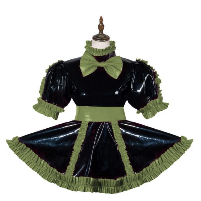 Sissy Elagant Lolita Mini Dress Lockable Wetlook PVC Bow Pleated Dress Halloween Cosplay Costume Short Puff Sleeve Dress Outfits