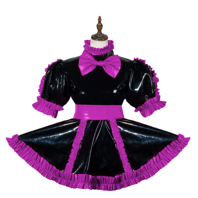 Sissy Elagant Lolita Mini Dress Lockable Wetlook PVC Bow Pleated Dress Halloween Cosplay Costume Short Puff Sleeve Dress Outfits