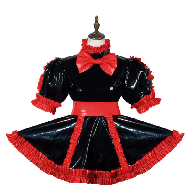 Sissy Elagant Lolita Mini Dress Lockable Wetlook PVC Bow Pleated Dress Halloween Cosplay Costume Short Puff Sleeve Dress Outfits