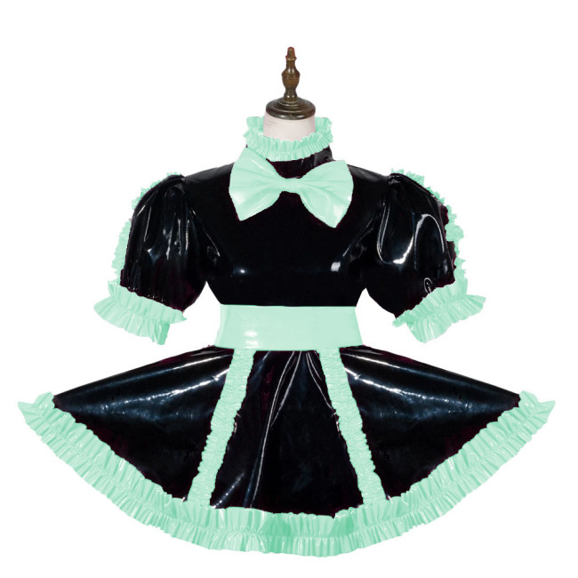 Sissy Elagant Lolita Mini Dress Lockable Wetlook PVC Bow Pleated Dress Halloween Cosplay Costume Short Puff Sleeve Dress Outfits