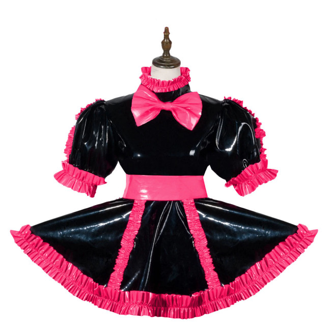 Sissy Elagant Lolita Mini Dress Lockable Wetlook PVC Bow Pleated Dress Halloween Cosplay Costume Short Puff Sleeve Dress Outfits