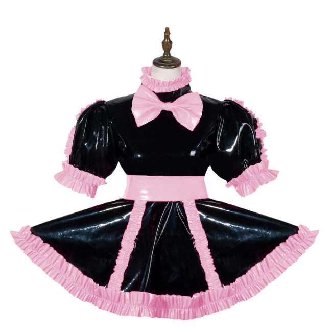 Sissy Elagant Lolita Mini Dress Lockable Wetlook PVC Bow Pleated Dress Halloween Cosplay Costume Short Puff Sleeve Dress Outfits