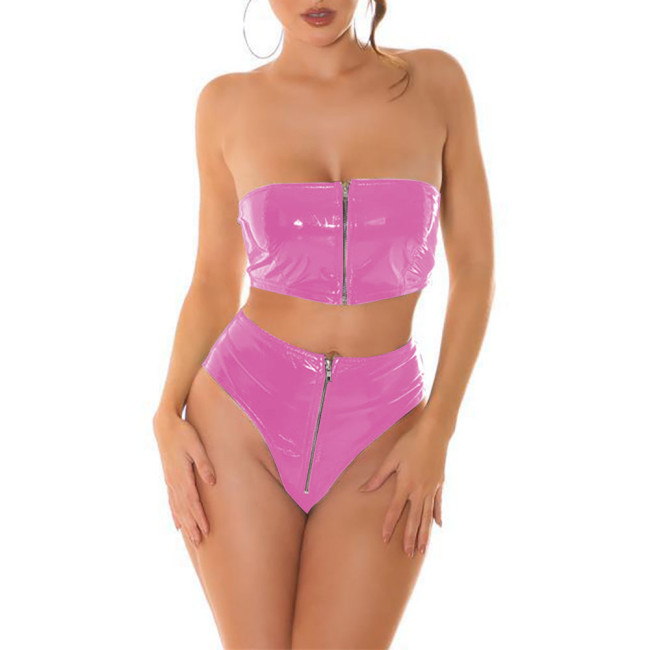 Rave Party Shiny Leather Sheath Strapless Croped Top Panties Sexy Wetlook PVC Exotic Outfits Zipper Open Crotch Lingerie Sets