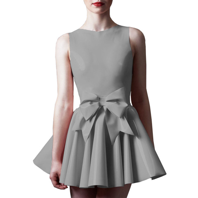 Ladies Elegant Pleated Mini Dress Shiny O-neck Sleeveless A-line Dress for Party Night Evening Outfits Wetlook Bow Short Dresses