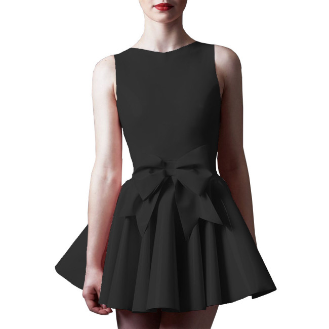 Ladies Elegant Pleated Mini Dress Shiny O-neck Sleeveless A-line Dress for Party Night Evening Outfits Wetlook Bow Short Dresses