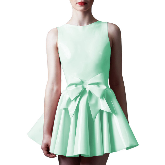 Ladies Elegant Pleated Mini Dress Shiny O-neck Sleeveless A-line Dress for Party Night Evening Outfits Wetlook Bow Short Dresses