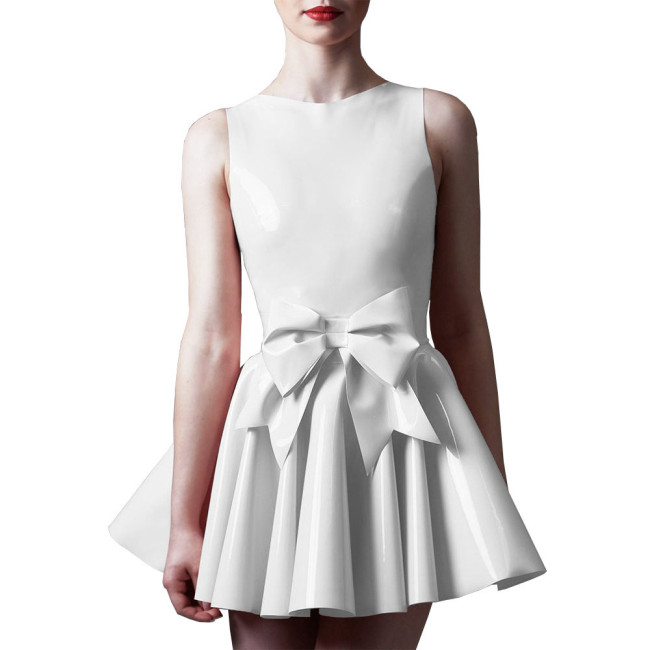 Ladies Elegant Pleated Mini Dress Shiny O-neck Sleeveless A-line Dress for Party Night Evening Outfits Wetlook Bow Short Dresses