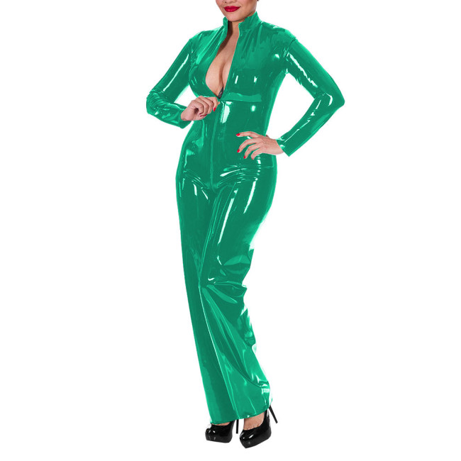 Women's Wet Look Shiny PU Faux Leather Jumpsuit Long Sleeve Latex Look Bodysuit High Neck Zipper Crotch Romper Glossy Clubwear