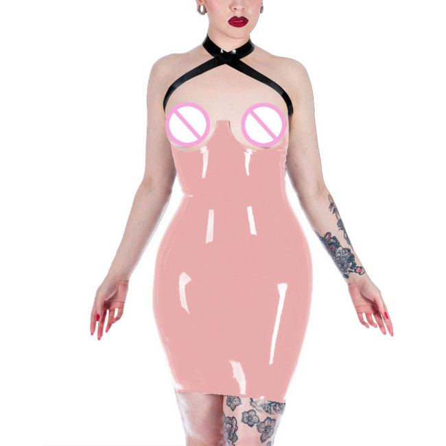 Women's Tight Fitting PVC Leather Mini Dress Pu Lacquer Bodycon Mujer Hot Open Hips Dress Sexi Open Bust Exotic Apparel Lenceria