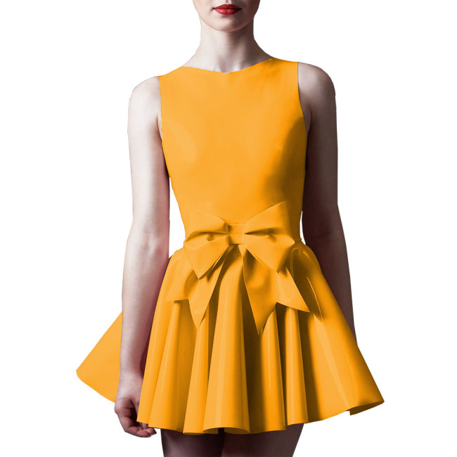 Ladies Elegant Pleated Mini Dress Shiny O-neck Sleeveless A-line Dress for Party Night Evening Outfits Wetlook Bow Short Dresses
