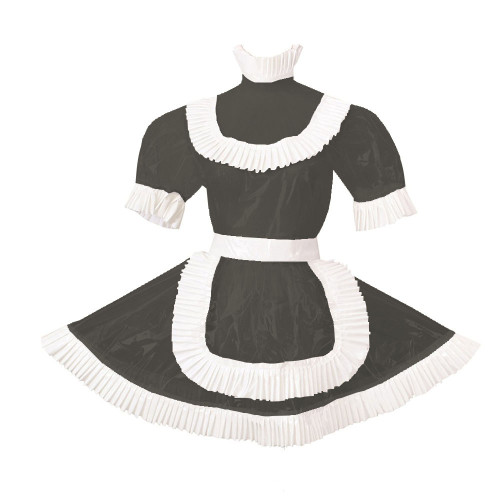 Men Sissy Crossdresser Clear PVC Plastic Maid Costume Short Puff Sleeve Pleated Lolita Dresses Uniform Cosplay A-Line Maid Dress