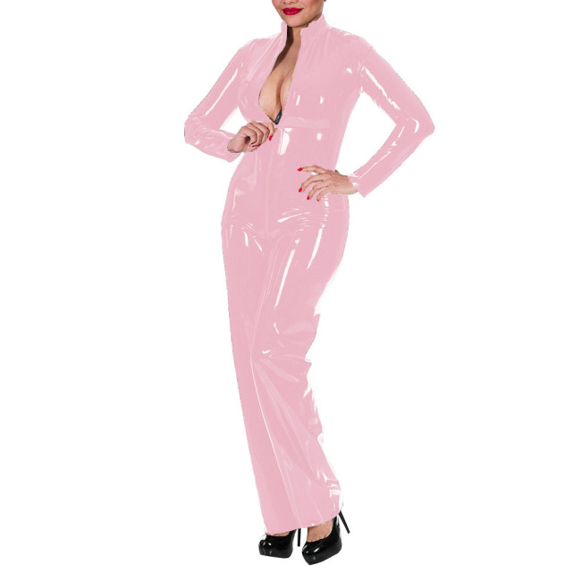 Women's Wet Look Shiny PU Faux Leather Jumpsuit Long Sleeve Latex Look Bodysuit High Neck Zipper Crotch Romper Glossy Clubwear