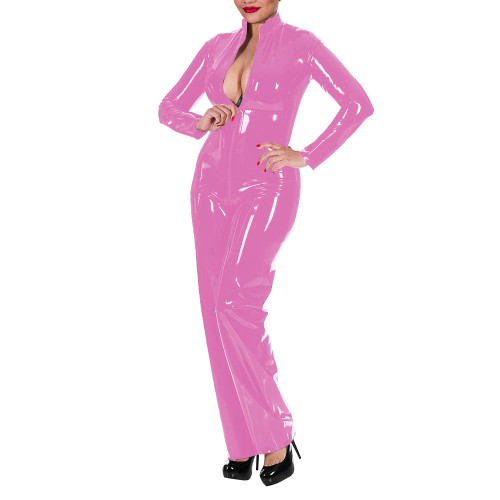 Women's Wet Look Shiny PU Faux Leather Jumpsuit Long Sleeve Latex Look Bodysuit High Neck Zipper Crotch Romper Glossy Clubwear