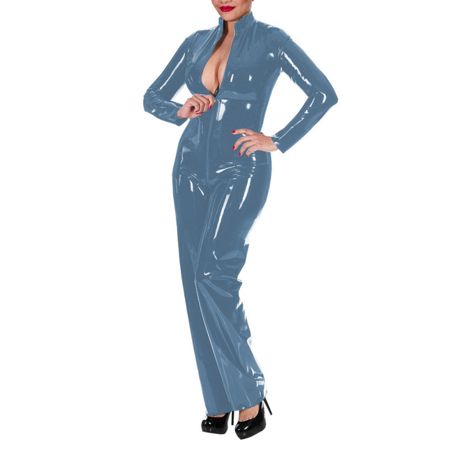 Women's Wet Look Shiny PU Faux Leather Jumpsuit Long Sleeve Latex Look Bodysuit High Neck Zipper Crotch Romper Glossy Clubwear