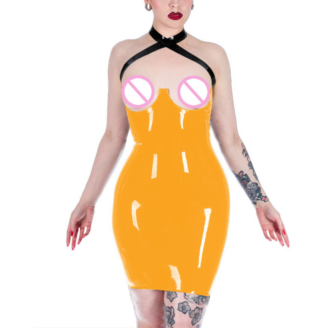 Women's Tight Fitting PVC Leather Mini Dress Pu Lacquer Bodycon Mujer Hot Open Hips Dress Sexi Open Bust Exotic Apparel Lenceria