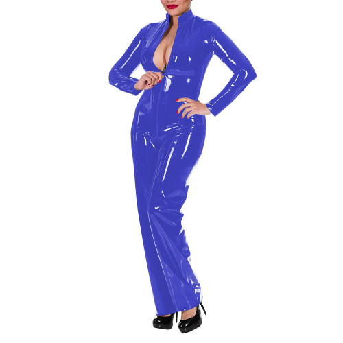 Women's Wet Look Shiny PU Faux Leather Jumpsuit Long Sleeve Latex Look Bodysuit High Neck Zipper Crotch Romper Glossy Clubwear