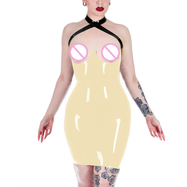 Women's Tight Fitting PVC Leather Mini Dress Pu Lacquer Bodycon Mujer Hot Open Hips Dress Sexi Open Bust Exotic Apparel Lenceria