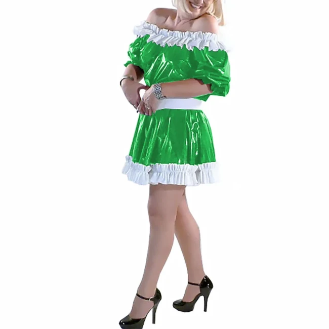 Fashion Slash Neck Dresses for Women PVC Leather Sweet Ruffles Summer Dress Wetlook Vinyl Classy Lady Evening Party Vestidos 7XL