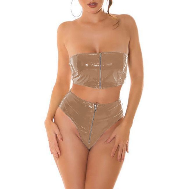 Rave Party Shiny Leather Sheath Strapless Croped Top Panties Sexy Wetlook PVC Exotic Outfits Zipper Open Crotch Lingerie Sets
