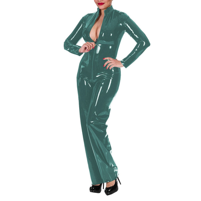 Women's Wet Look Shiny PU Faux Leather Jumpsuit Long Sleeve Latex Look Bodysuit High Neck Zipper Crotch Romper Glossy Clubwear