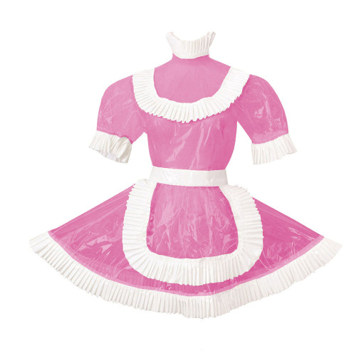 Men Sissy Crossdresser Clear PVC Plastic Maid Costume Short Puff Sleeve Pleated Lolita Dresses Uniform Cosplay A-Line Maid Dress