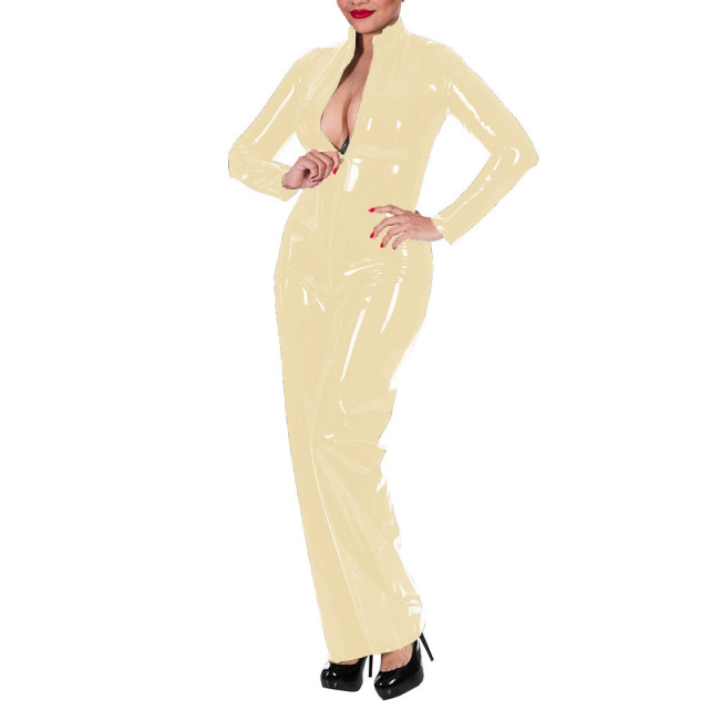 Women's Wet Look Shiny PU Faux Leather Jumpsuit Long Sleeve Latex Look Bodysuit High Neck Zipper Crotch Romper Glossy Clubwear