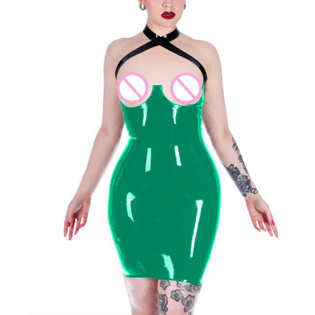 Women's Tight Fitting PVC Leather Mini Dress Pu Lacquer Bodycon Mujer Hot Open Hips Dress Sexi Open Bust Exotic Apparel Lenceria