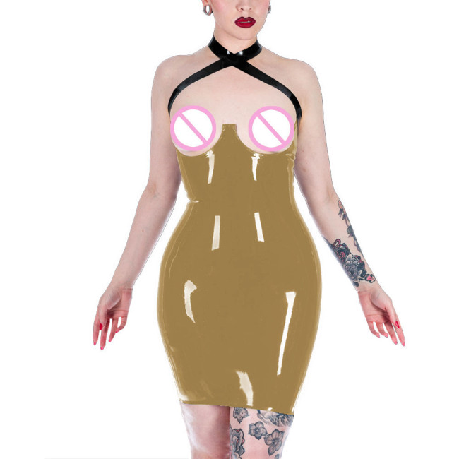 Women's Tight Fitting PVC Leather Mini Dress Pu Lacquer Bodycon Mujer Hot Open Hips Dress Sexi Open Bust Exotic Apparel Lenceria