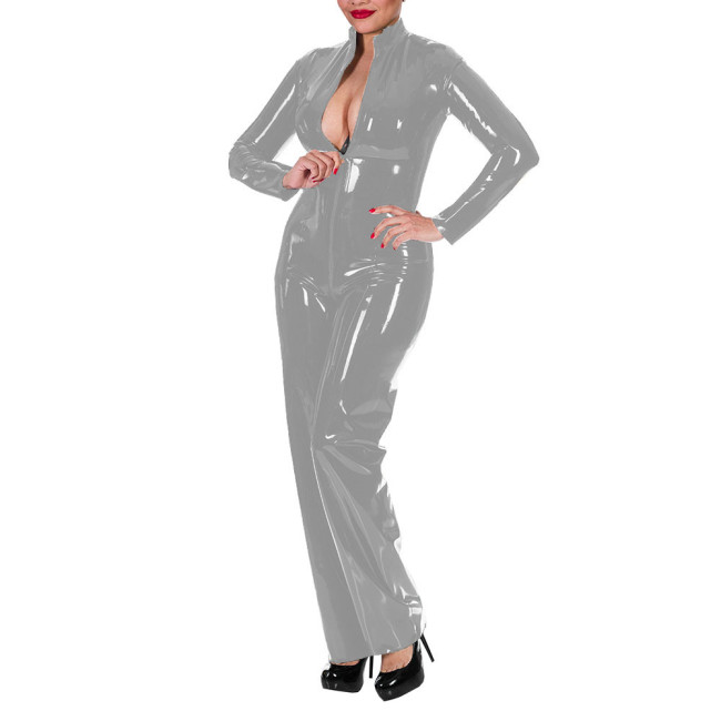 Women's Wet Look Shiny PU Faux Leather Jumpsuit Long Sleeve Latex Look Bodysuit High Neck Zipper Crotch Romper Glossy Clubwear