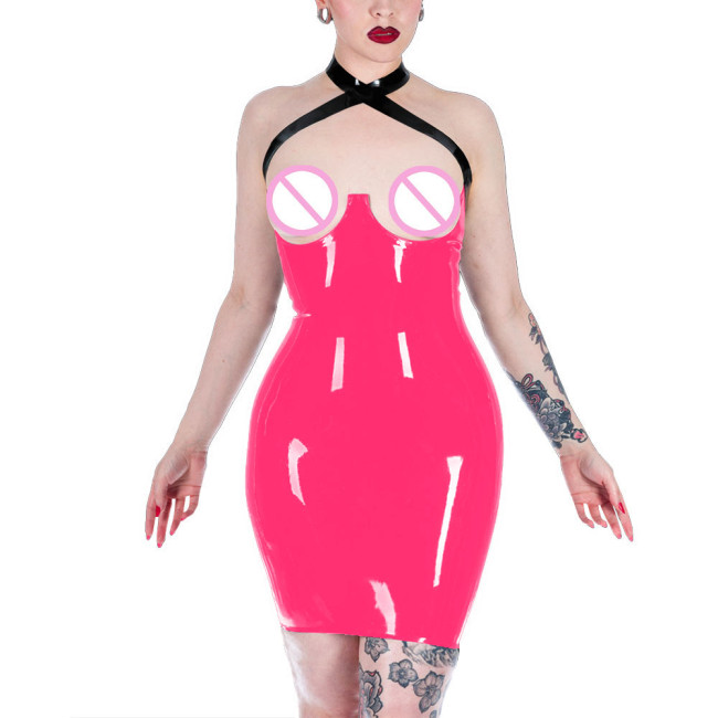 Women's Tight Fitting PVC Leather Mini Dress Pu Lacquer Bodycon Mujer Hot Open Hips Dress Sexi Open Bust Exotic Apparel Lenceria