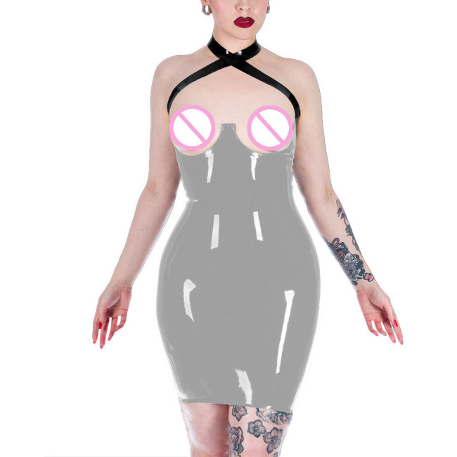 Women's Tight Fitting PVC Leather Mini Dress Pu Lacquer Bodycon Mujer Hot Open Hips Dress Sexi Open Bust Exotic Apparel Lenceria