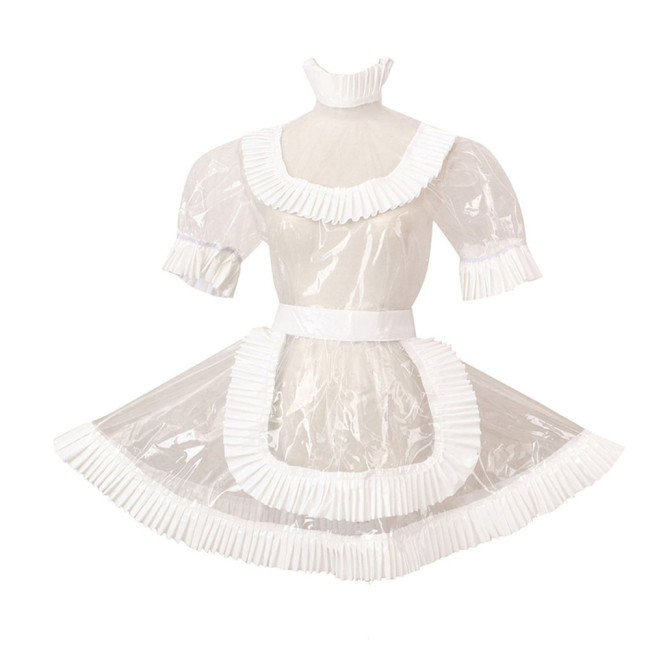 Men Sissy Crossdresser Clear PVC Plastic Maid Costume Short Puff Sleeve Pleated Lolita Dresses Uniform Cosplay A-Line Maid Dress
