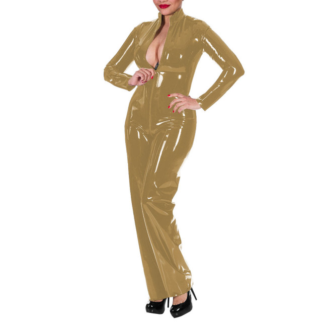 Women's Wet Look Shiny PU Faux Leather Jumpsuit Long Sleeve Latex Look Bodysuit High Neck Zipper Crotch Romper Glossy Clubwear