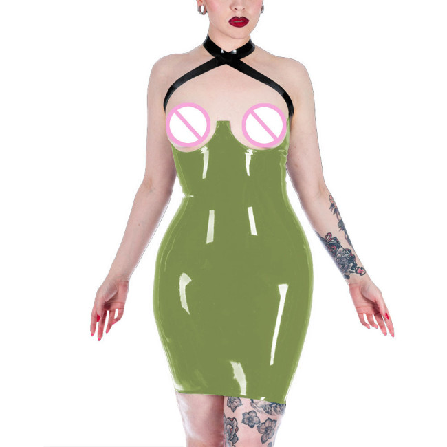 Women's Tight Fitting PVC Leather Mini Dress Pu Lacquer Bodycon Mujer Hot Open Hips Dress Sexi Open Bust Exotic Apparel Lenceria