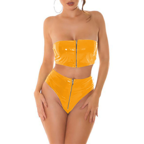 Rave Party Shiny Leather Sheath Strapless Croped Top Panties Sexy Wetlook PVC Exotic Outfits Zipper Open Crotch Lingerie Sets