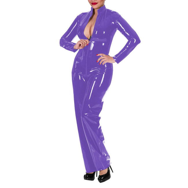 Women's Wet Look Shiny PU Faux Leather Jumpsuit Long Sleeve Latex Look Bodysuit High Neck Zipper Crotch Romper Glossy Clubwear