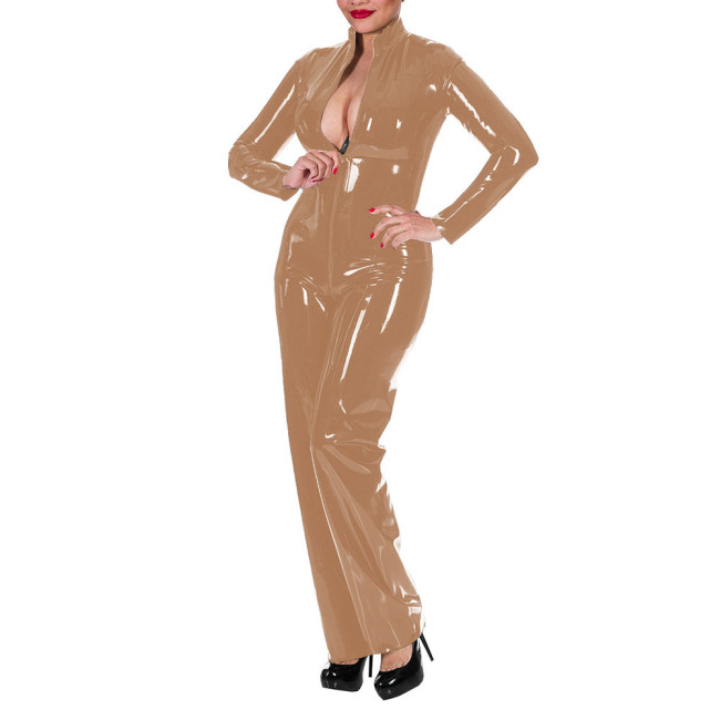 Women's Wet Look Shiny PU Faux Leather Jumpsuit Long Sleeve Latex Look Bodysuit High Neck Zipper Crotch Romper Glossy Clubwear