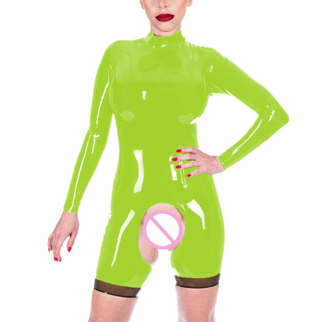 Women Open Crotch Bodysuit Patent Leather Long Sleeve Spanking Teddy Glossy Wet Look Open Hip Exotic Vinyl Leotard Crotchless